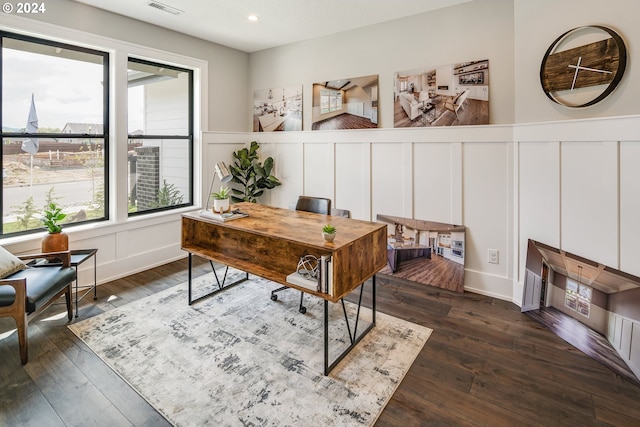 home office featuring dark wood-type flooring