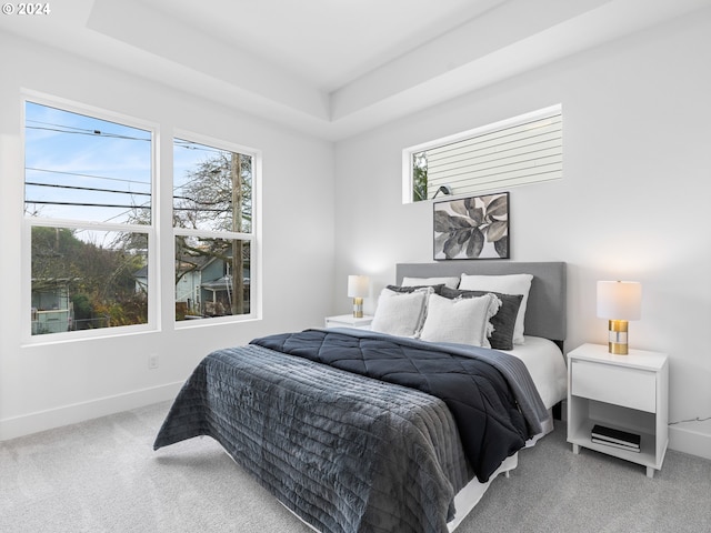 bedroom with carpet floors, a tray ceiling, and multiple windows