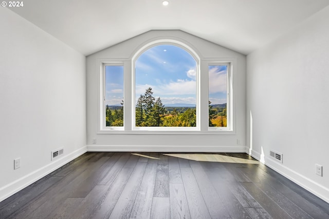 unfurnished room featuring dark hardwood / wood-style floors and lofted ceiling