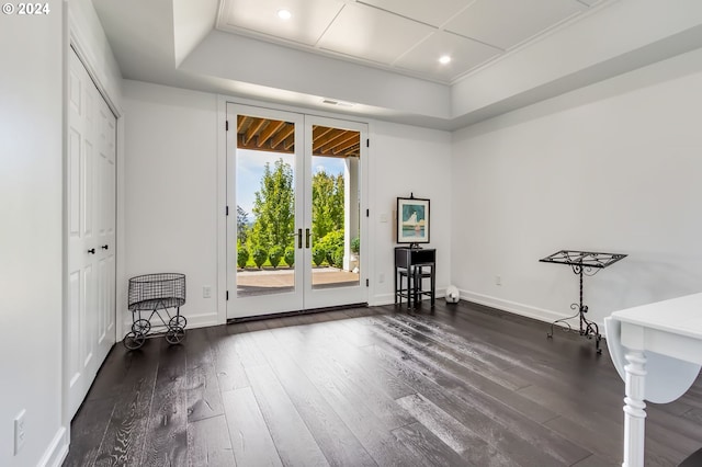 interior space with french doors, a tray ceiling, and dark wood-type flooring