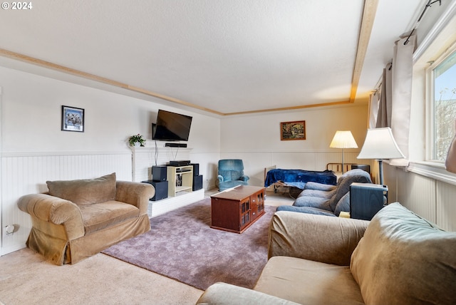 living room featuring carpet flooring and crown molding