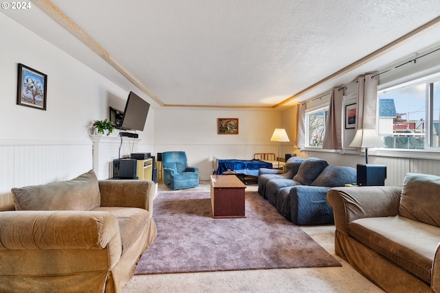 living room with light colored carpet, ornamental molding, and a textured ceiling