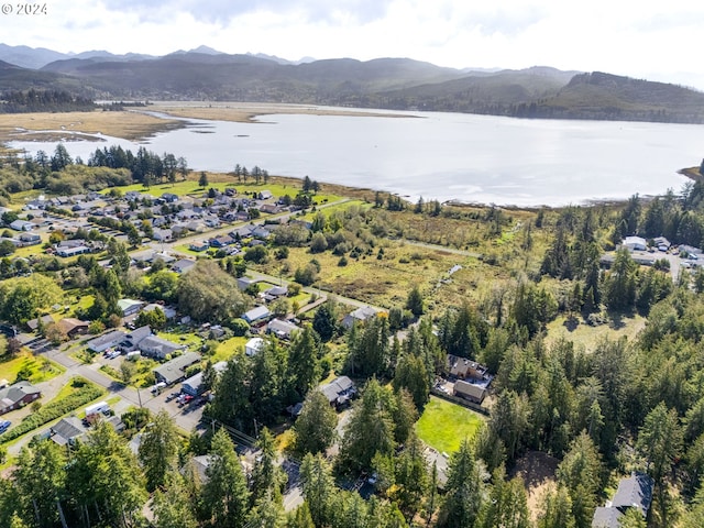 aerial view featuring a water and mountain view