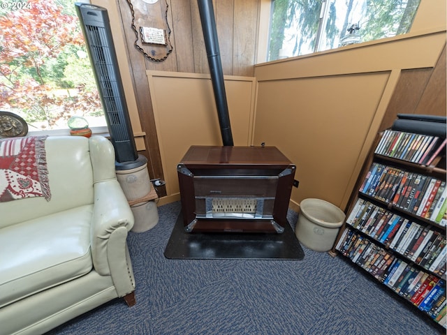 interior details featuring wood walls and a wood stove