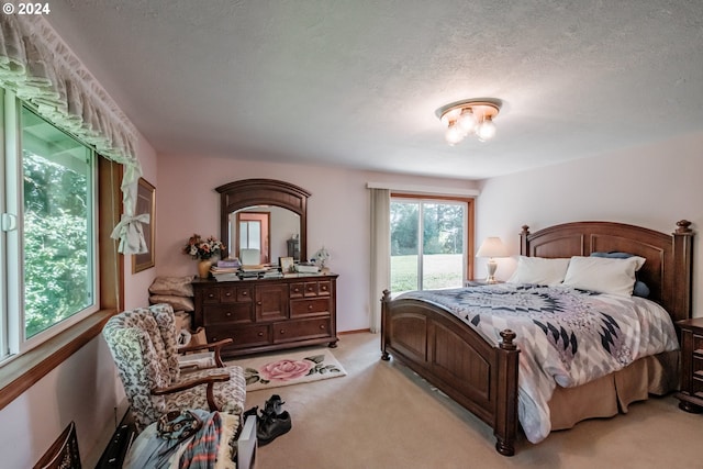 carpeted bedroom with a textured ceiling