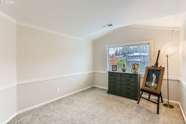 20160 SW 58th Ter, Tualatin, OR 97062 - unfurnished room with carpet, baseboards, vaulted ceiling, visible vents, and ornamental molding