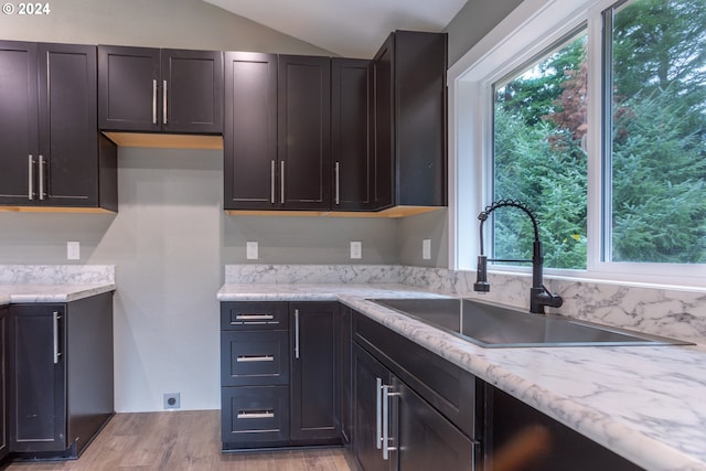 kitchen with light wood-type flooring, dark brown cabinetry, sink, and plenty of natural light