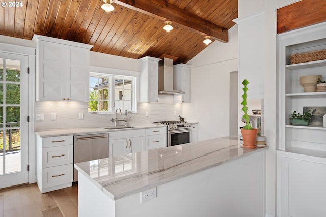 kitchen with white cabinets, decorative backsplash, wall chimney exhaust hood, and appliances with stainless steel finishes