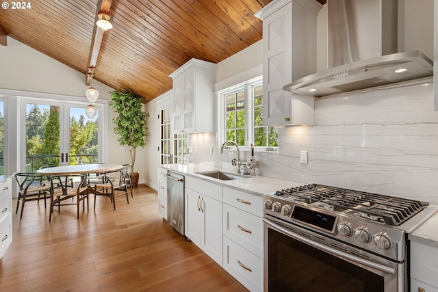 kitchen with appliances with stainless steel finishes, white cabinets, wall chimney range hood, tasteful backsplash, and sink