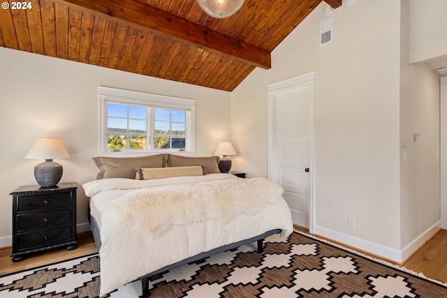 bedroom with light wood-type flooring, high vaulted ceiling, beam ceiling, and wooden ceiling