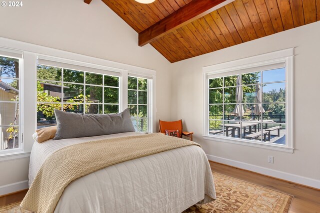 bedroom with hardwood / wood-style flooring, wooden ceiling, and lofted ceiling with beams