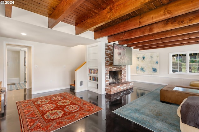 living room with wooden ceiling, beamed ceiling, and a fireplace