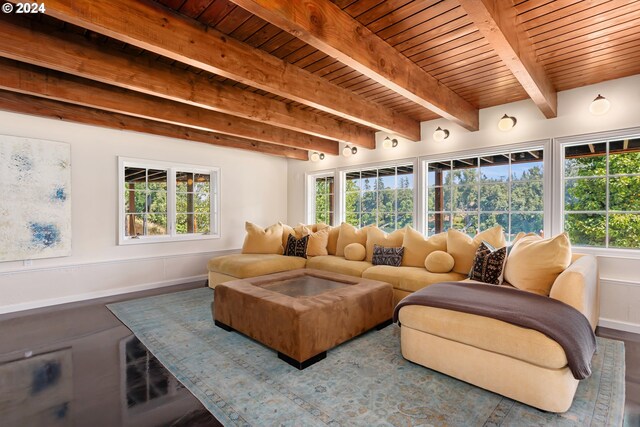 sunroom / solarium featuring wooden ceiling, beam ceiling, and a wealth of natural light