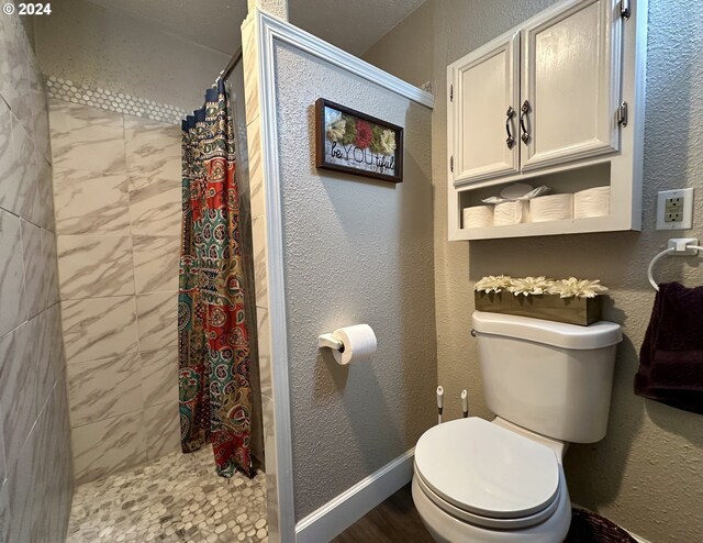 bathroom with curtained shower and toilet