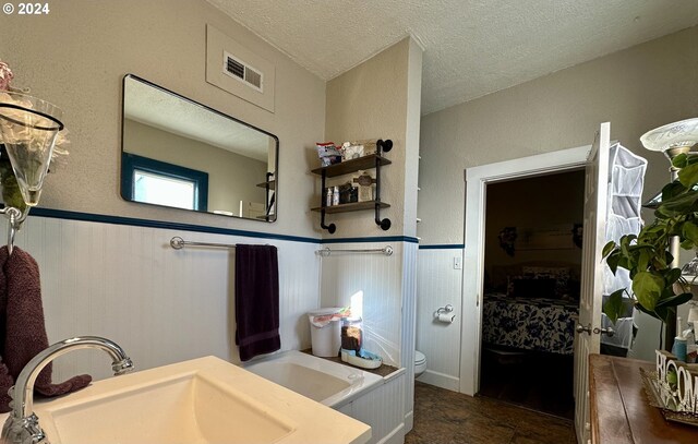 bathroom with a textured ceiling, toilet, and sink