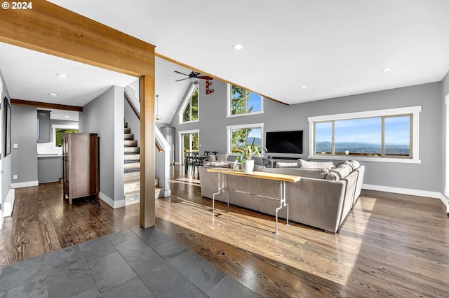 40700 NE Skye View Dr, Washougal, WA 98671 - living area featuring stairway, dark wood-style floors, recessed lighting, baseboards, and a ceiling fan
