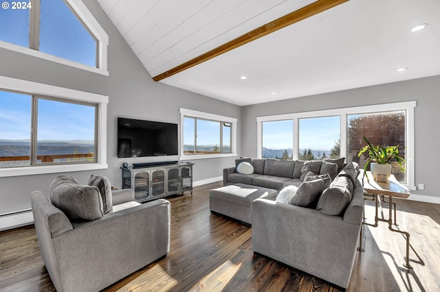 living room featuring beam ceiling, dark wood-type flooring, and high vaulted ceiling