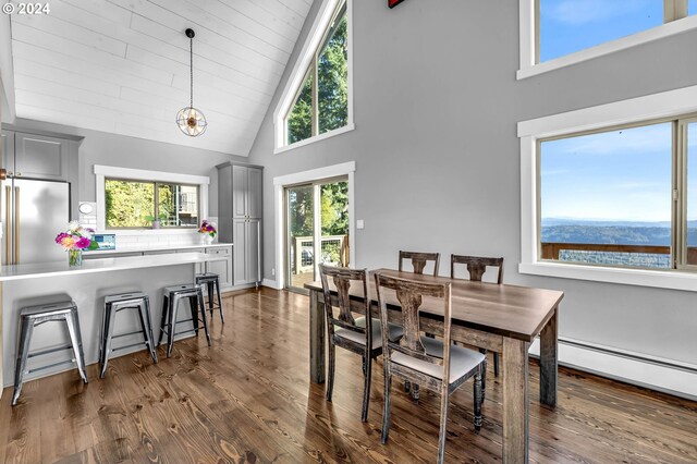 dining area with wood ceiling, dark hardwood / wood-style floors, high vaulted ceiling, and a healthy amount of sunlight