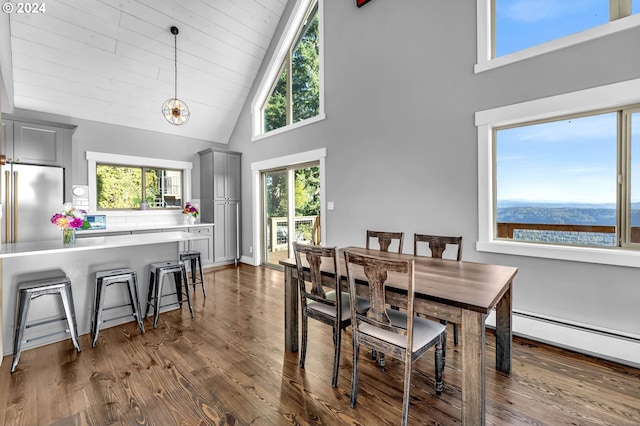 40700 NE Skye View Dr, Washougal, WA 98671 - dining room with high vaulted ceiling, dark wood-type flooring, and a baseboard radiator