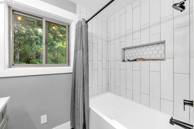 40700 NE Skye View Dr, Washougal, WA 98671 - full bathroom with shower / bath combo, baseboards, and vanity