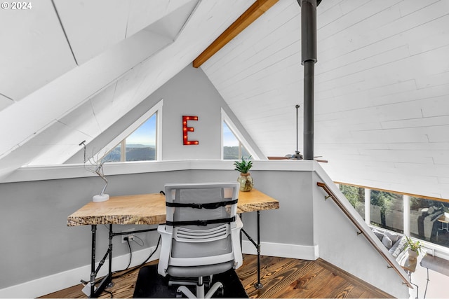 office area featuring lofted ceiling and hardwood / wood-style flooring