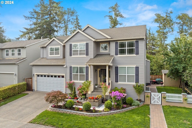 view of front of house with a front yard and a garage