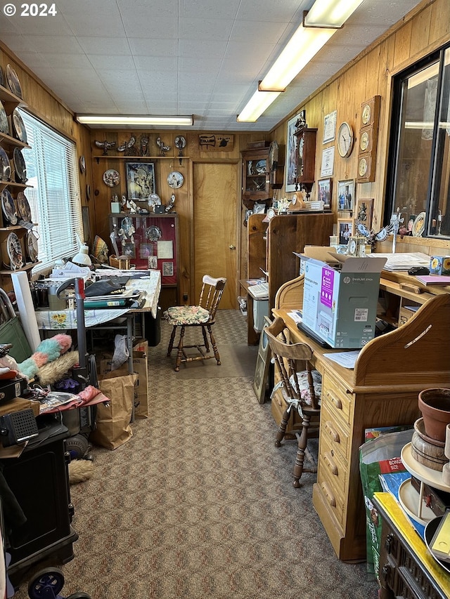 interior space with wood walls, a workshop area, and carpet flooring