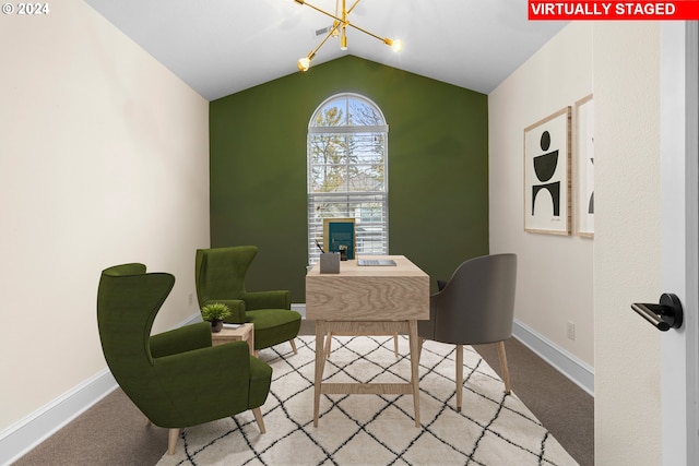 living area featuring lofted ceiling, a chandelier, and carpet