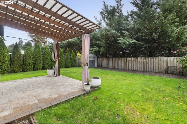 view of yard with a patio, a pergola, and a shed