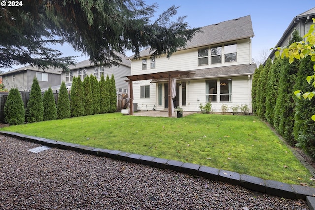 view of front facade featuring a patio, central AC, a front yard, and a pergola