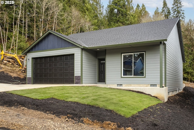 130 E H St, Vernonia, OR 97064 - ranch-style house featuring a garage, roof with shingles, concrete driveway, and board and batten siding