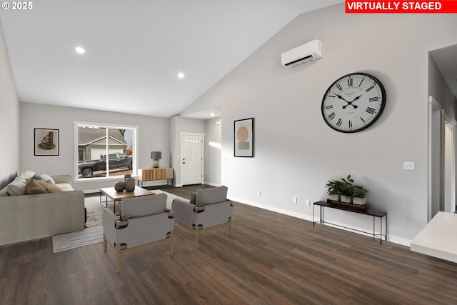 130 E H St, Vernonia, OR 97064 - living area featuring wood finished floors, baseboards, recessed lighting, and high vaulted ceiling