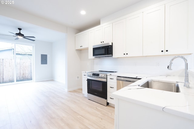 kitchen featuring appliances with stainless steel finishes, light stone counters, sink, white cabinets, and electric panel