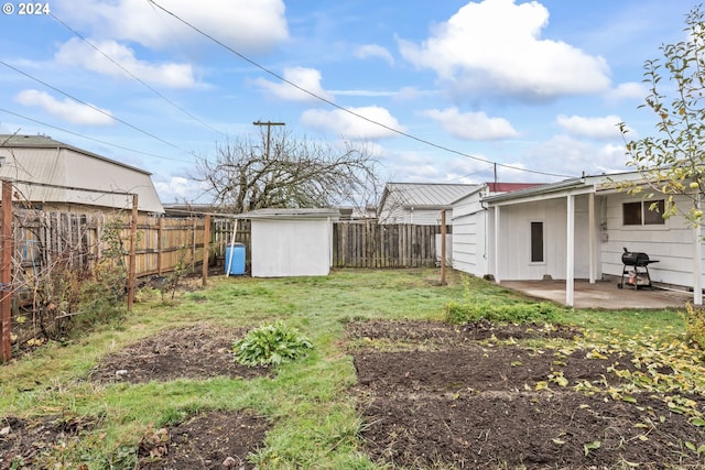 view of yard featuring a shed and a patio