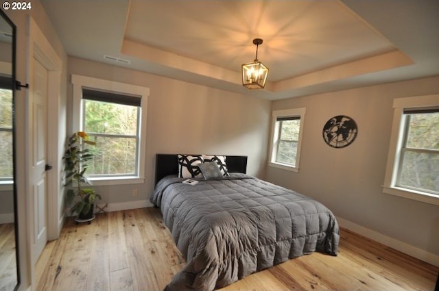 bedroom featuring a raised ceiling and light hardwood / wood-style flooring