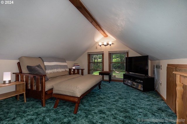 carpeted bedroom with vaulted ceiling with beams