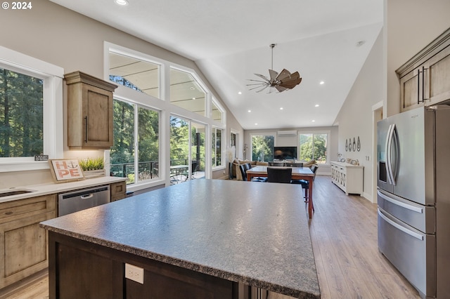 kitchen featuring sink, ceiling fan, stainless steel appliances, a center island, and light hardwood / wood-style floors