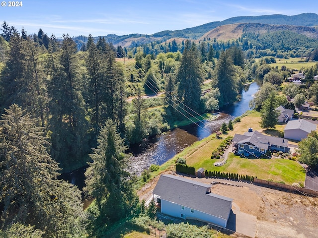 birds eye view of property featuring a water and mountain view