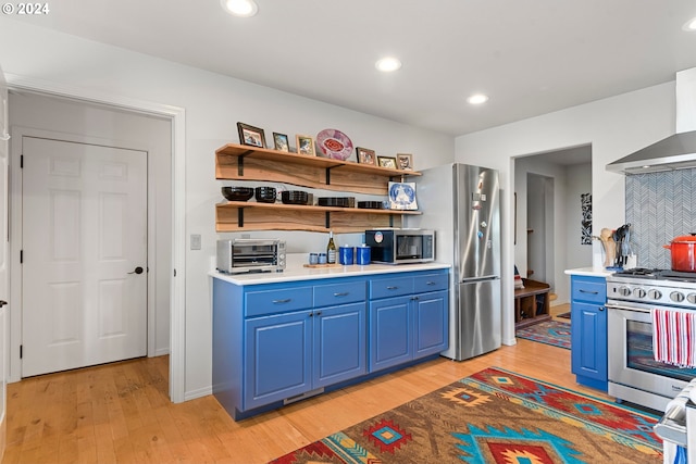 kitchen with blue cabinetry, stainless steel appliances, and light countertops