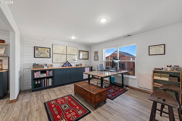 office with baseboards, recessed lighting, visible vents, and light wood-style floors