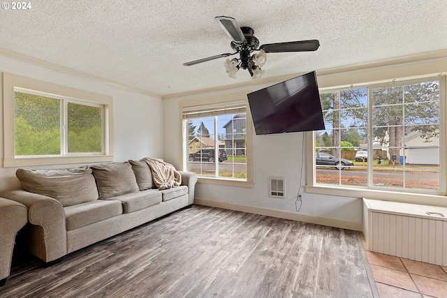 living room featuring wood-type flooring, a textured ceiling, and plenty of natural light