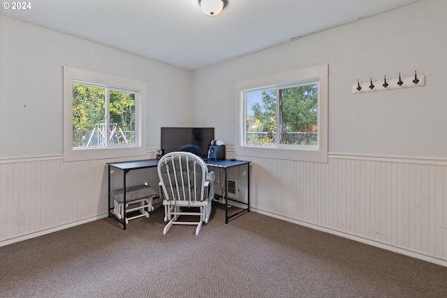 office space featuring plenty of natural light and dark colored carpet