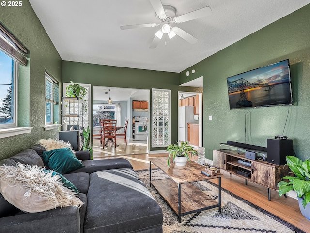 740 Florence Ave, Astoria, OR 97103 - living room featuring a textured wall, wood finished floors, and a ceiling fan