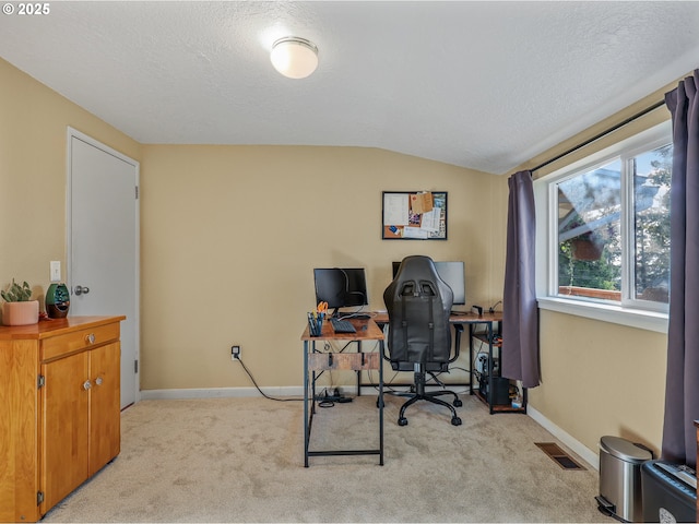 740 Florence Ave, Astoria, OR 97103 - home office featuring lofted ceiling, light colored carpet, baseboards, and a textured ceiling