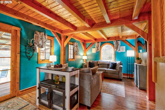 living room featuring hardwood / wood-style floors, beam ceiling, and wooden ceiling