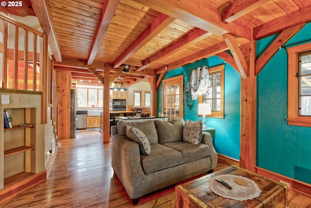 living room with wood ceiling, beam ceiling, and wood-type flooring