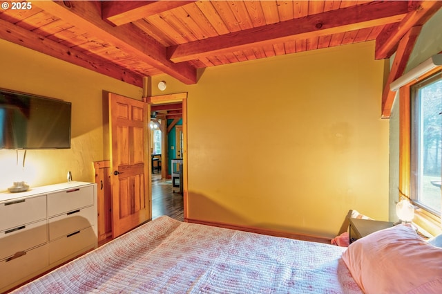 bedroom with hardwood / wood-style floors, multiple windows, beamed ceiling, and wood ceiling