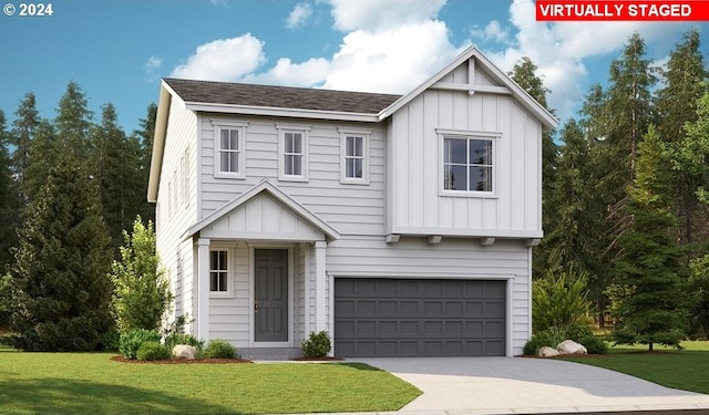 craftsman-style home featuring a garage, stone siding, concrete driveway, and fence