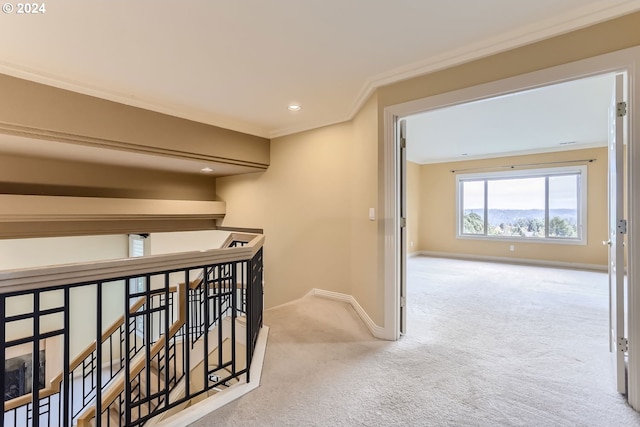 corridor with light carpet and crown molding