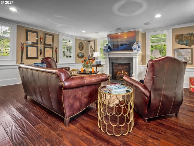 living room with a premium fireplace, crown molding, and dark hardwood / wood-style floors